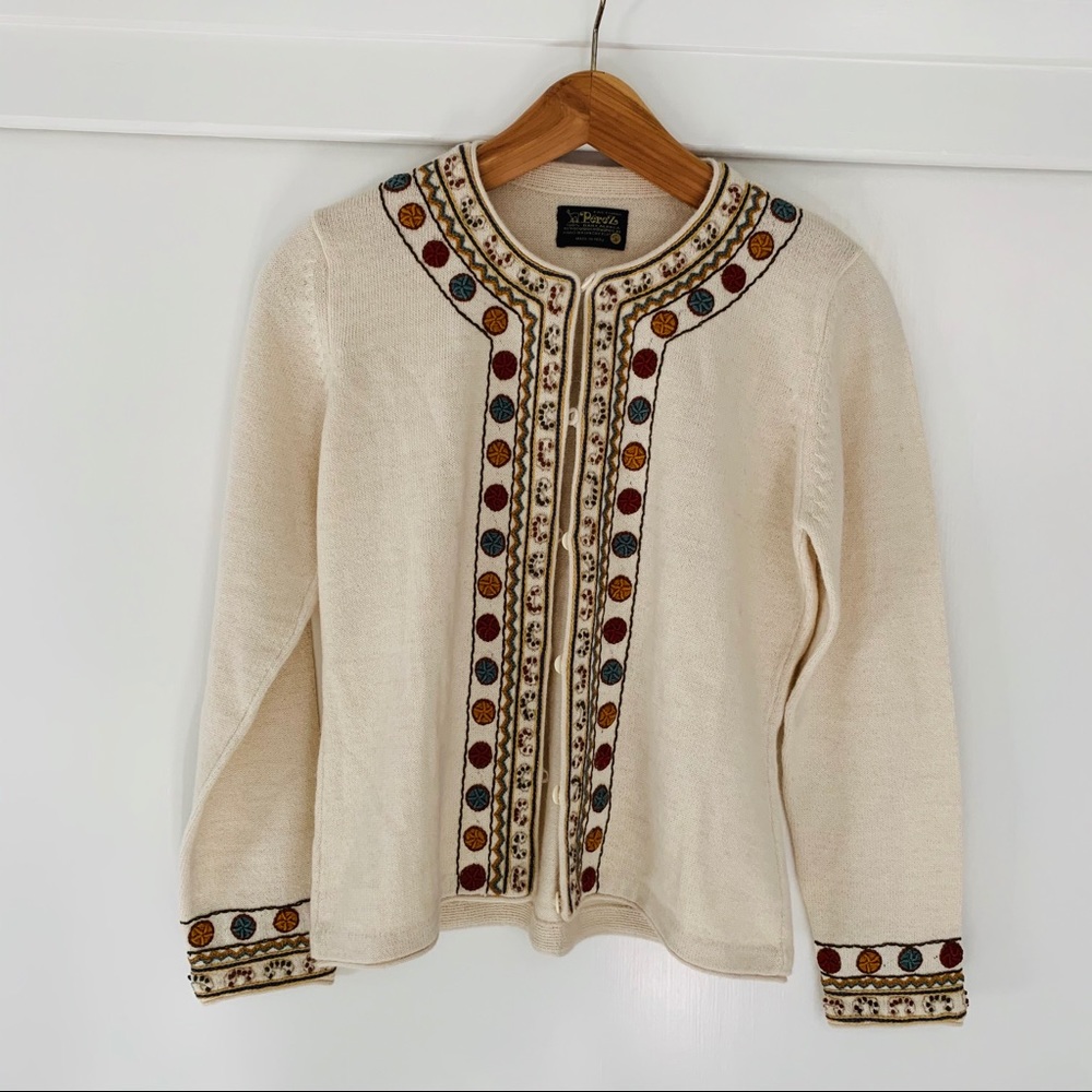 Factoria Perez‎ Peruvian Cardigan 100% Baby Alpaca Handwoven Embroidery Cream S